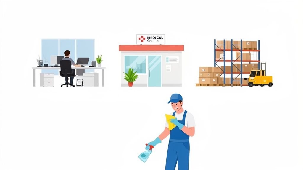 Illustrations showing an office worker, a medical clinic, a warehouse, and a cleaner, representing commercial cleaning services.