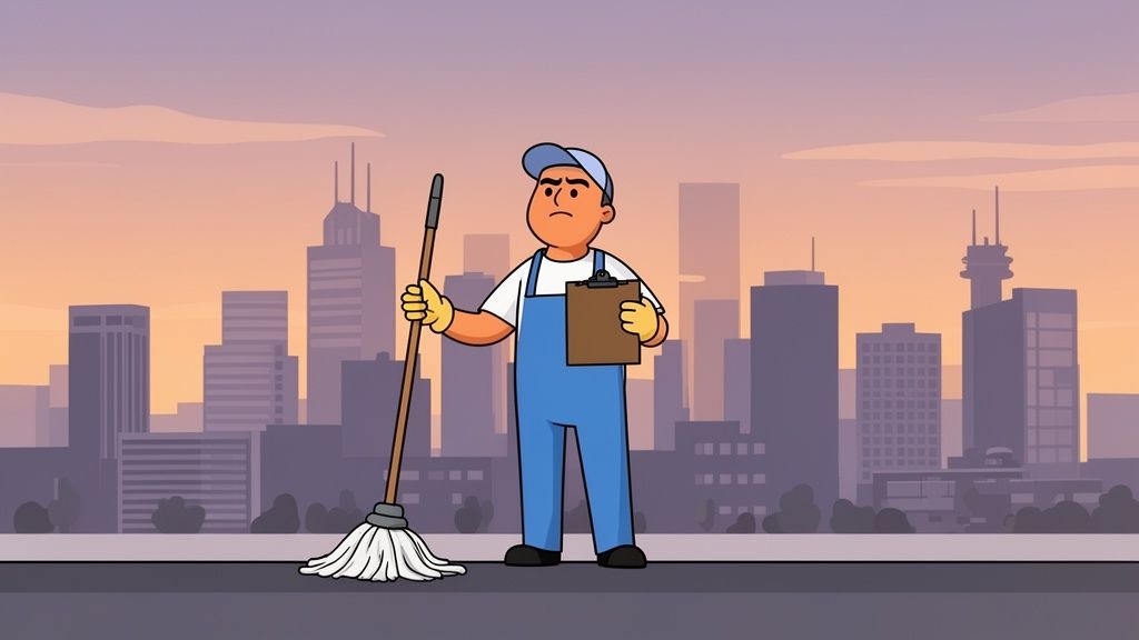 A cartoon cleaner in blue overalls, cap, and gloves holds a mop and a clipboard, standing before a city skyline at sunset.