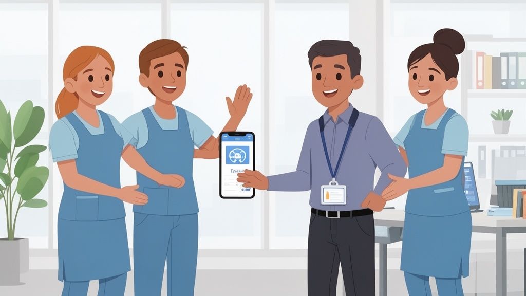 A manager shows a mobile app to three smiling cleaning staff in an office.