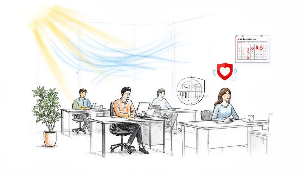 An illustration of an office space with employees working, natural light, air circulation, a calendar, and a health icon.