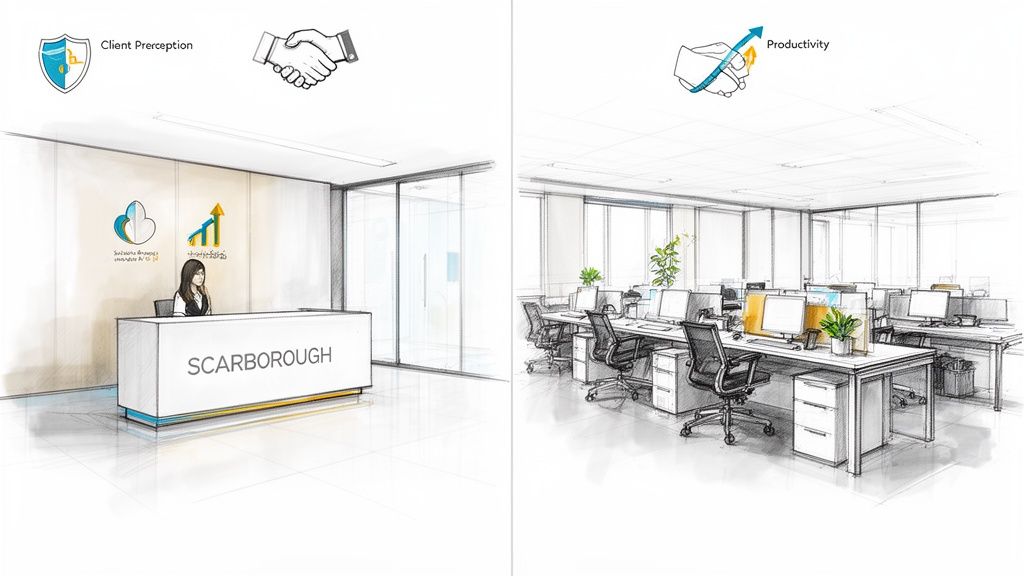 A split image showcasing a modern office reception with a Scarborough desk and a clean, open-plan office workspace.