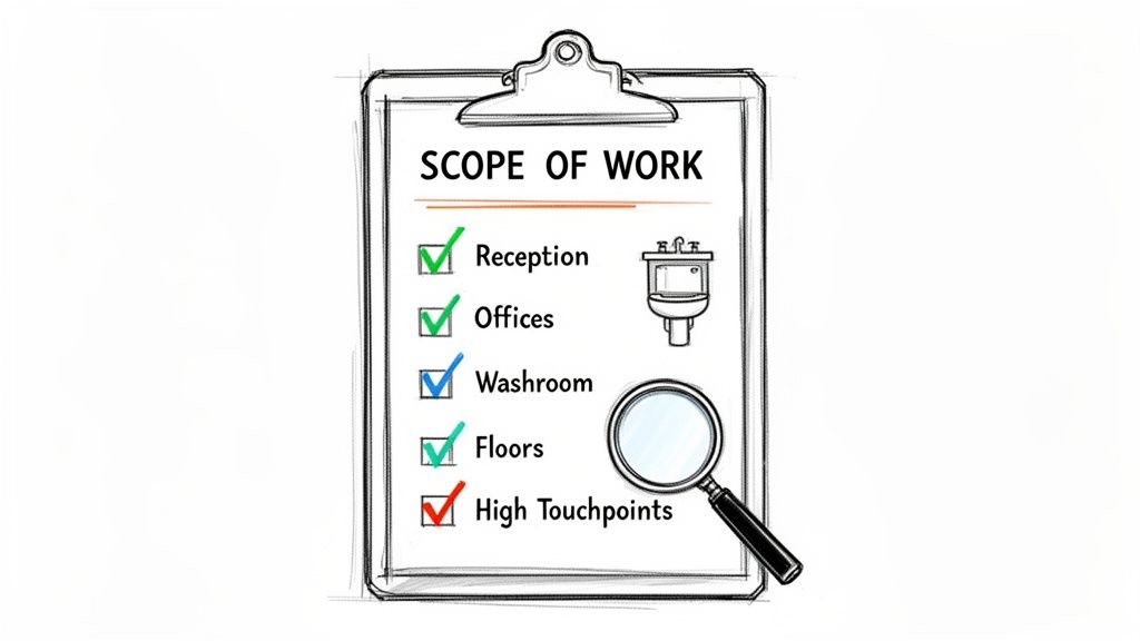Clipboard with 'SCOPE OF WORK' checklist: Reception, Offices, Washroom, Floors, High Touchpoints, plus sink and magnifying glass.