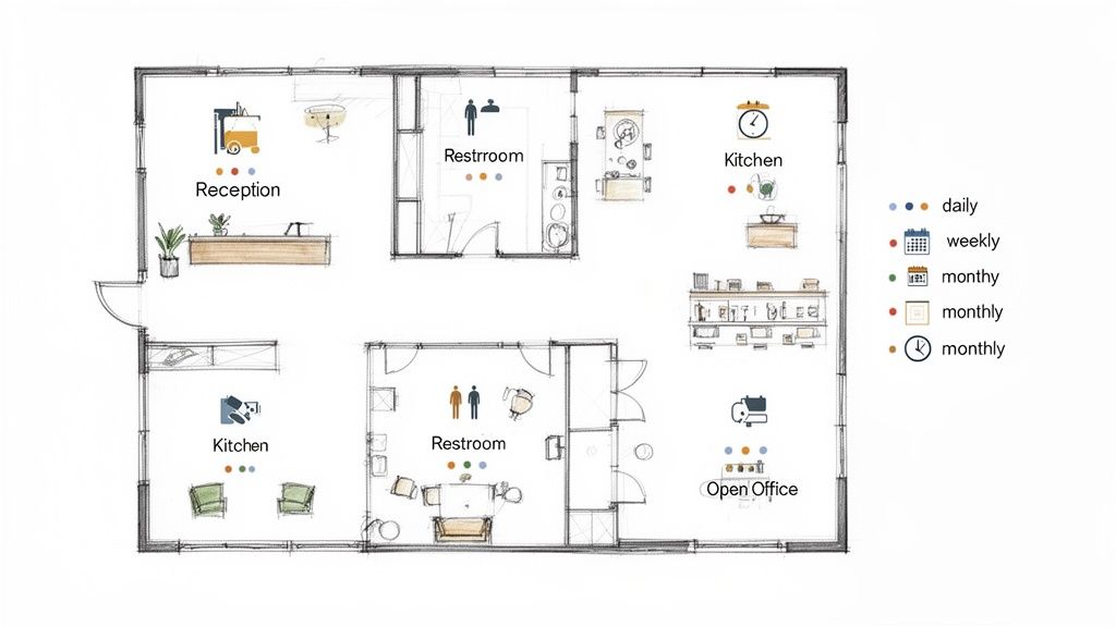 Detailed office floor plan illustrating cleaning schedules for various areas like reception and kitchen.