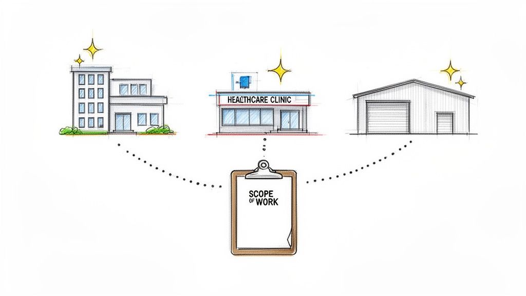 Illustration of diverse commercial buildings—office, clinic, warehouse—linked to a 'Scope of Work' clipboard.