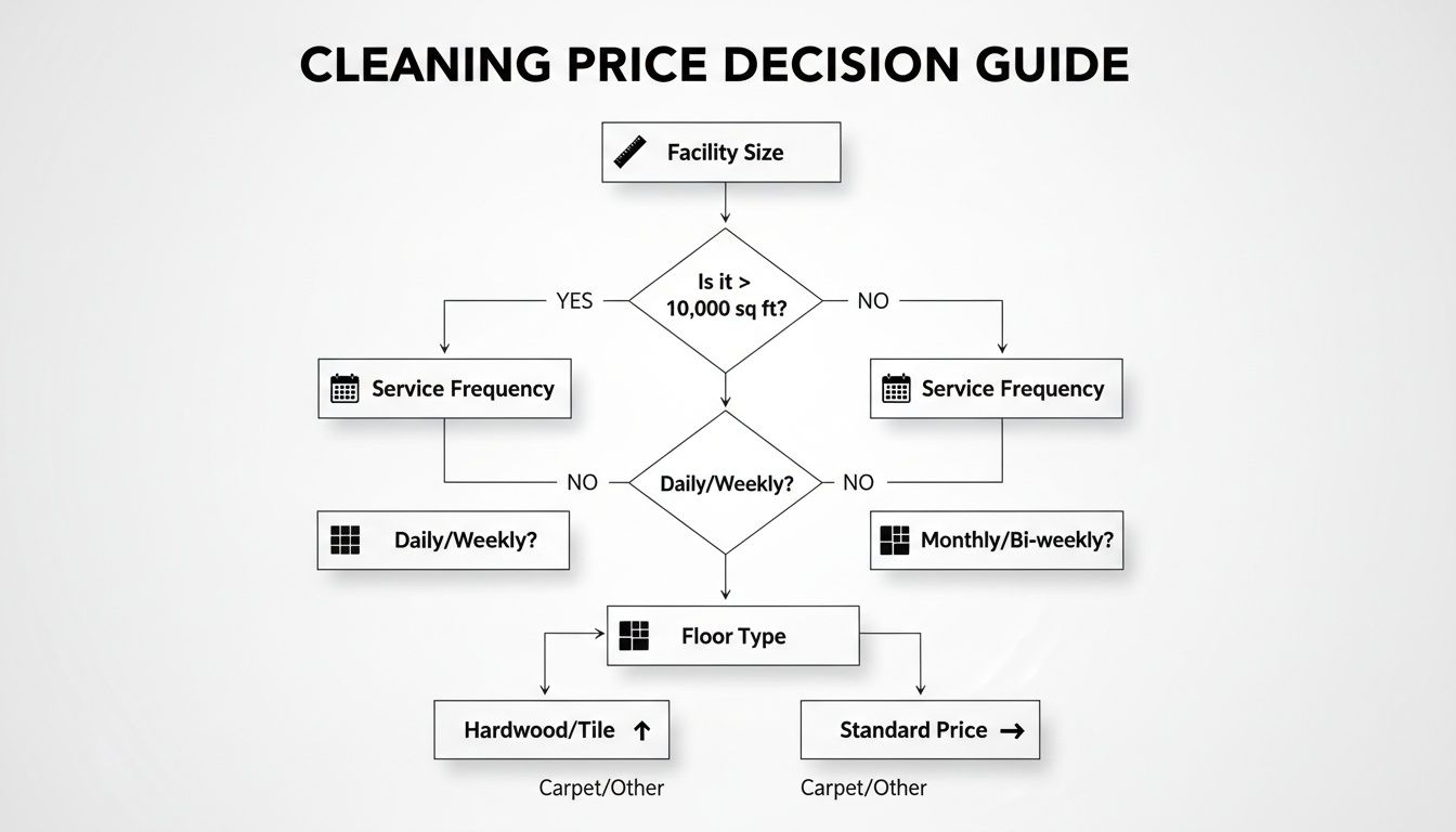 Flowchart detailing cleaning price decisions based on facility size, service frequency, and floor type.