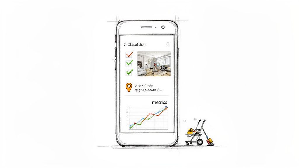 A sketch of a smartphone app for cleaning services with tasks, room photos, metrics, and a cleaning cart.