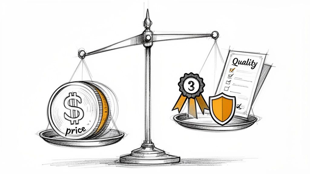 A sketch of a scale balancing 'price' (coins) against 'quality' (checklist, shield, and ribbon).