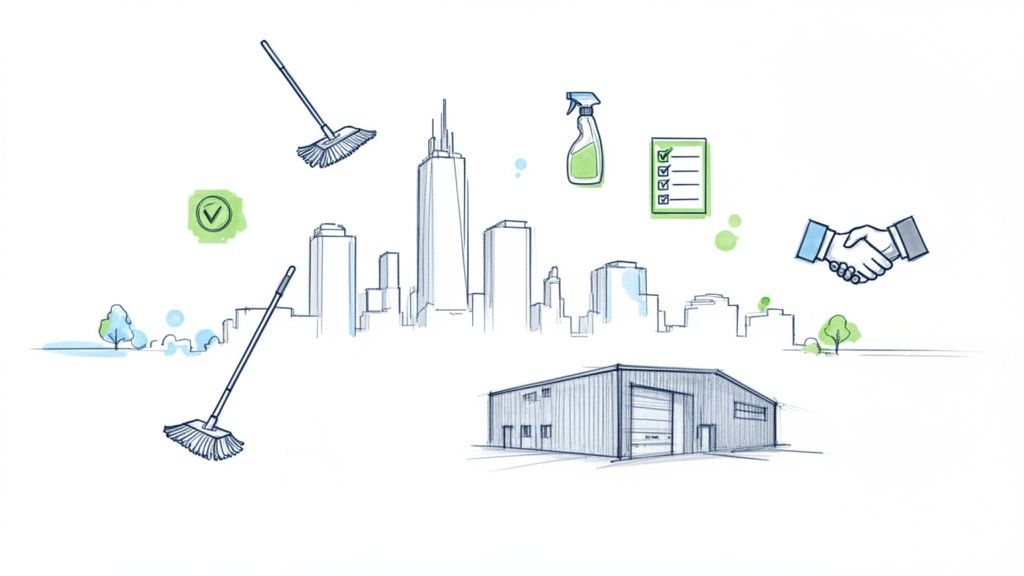 Illustration of city and warehouse with mops, cleaning spray, checklist, and handshake for commercial cleaning services.