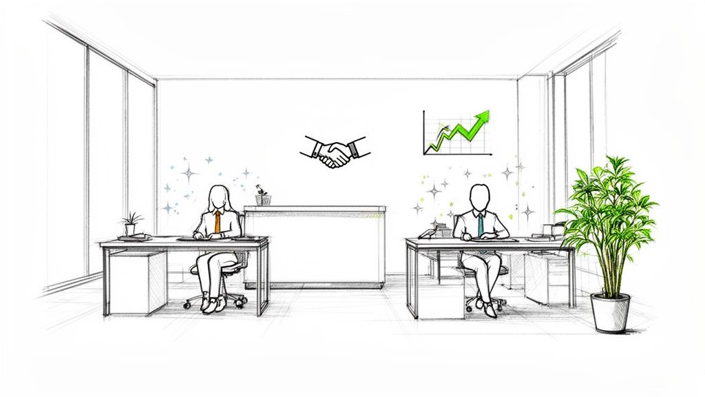 Illustrated office scene with two professionals working, featuring a handshake and a growth graph.