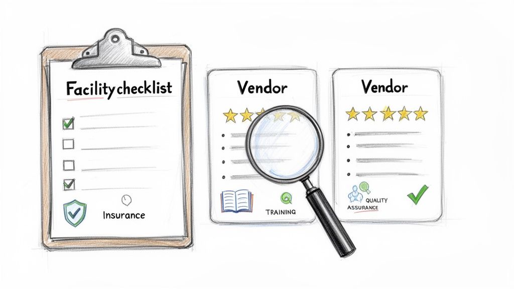 Hand-drawn illustration depicting a facility checklist, vendor review with star ratings, and assessment of training and quality assurance.