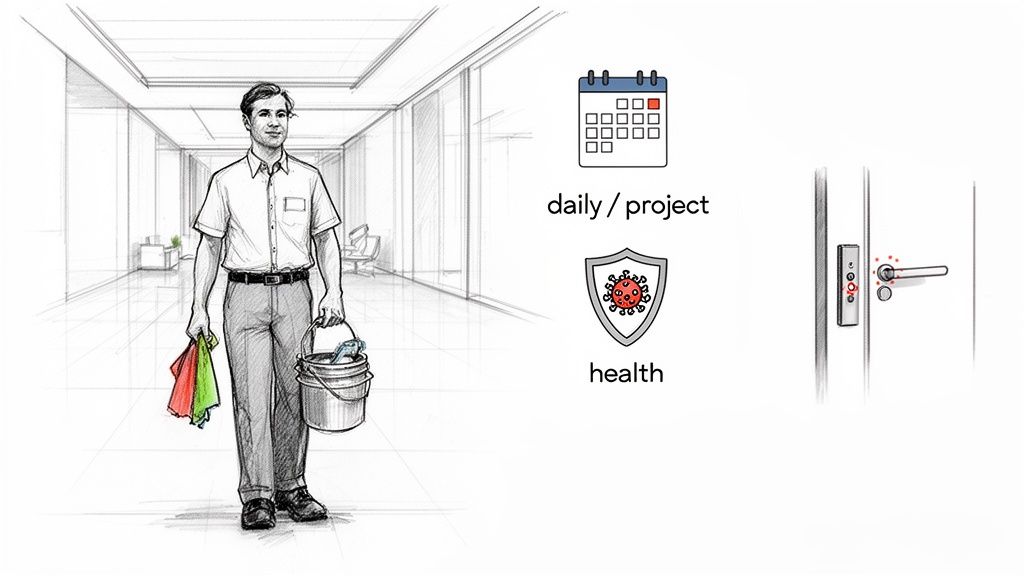 A janitor in a hallway with cleaning supplies, alongside icons representing daily scheduling, health protection, and door handle disinfection.