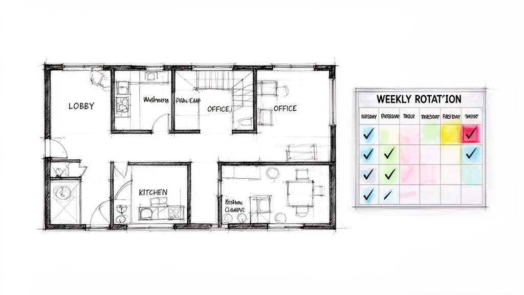 A sketch of a building floor plan featuring a lobby, kitchen, washroom, offices, and a weekly rotation schedule.