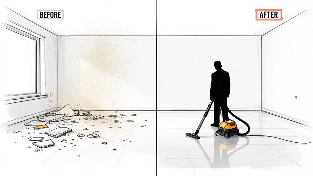 A split image shows a messy room before cleaning, and a clean room with a person vacuuming after.