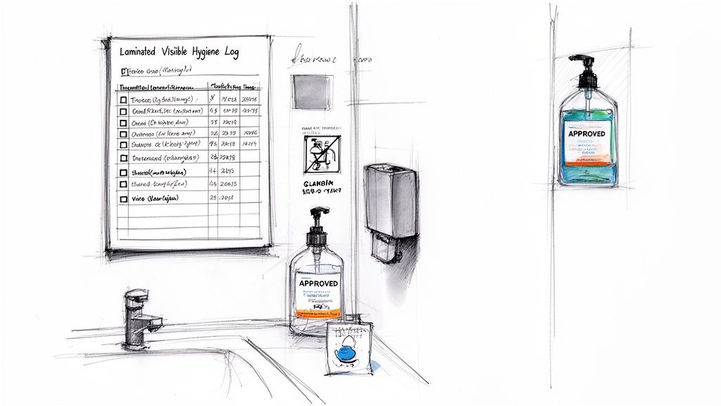 A detailed sketch of a public washroom hygiene station featuring a log, soap dispensers, and a sink.