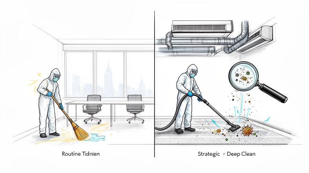 Hazmat-suited cleaners show routine office sweeping versus strategic deep cleaning, tackling microbes and air ducts.