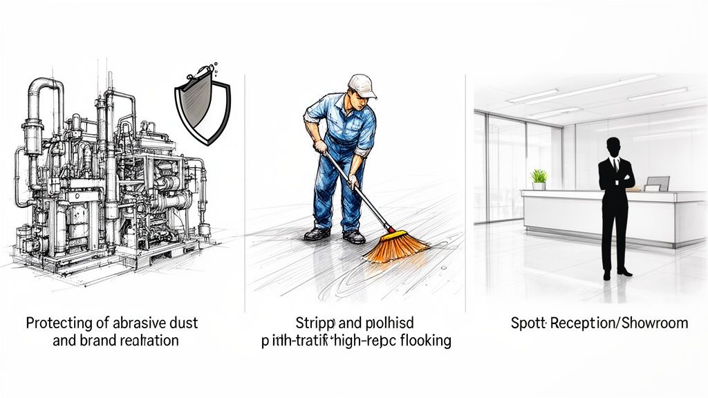 Illustrations depicting industrial machinery protection, a person sweeping, and a clean office reception area.