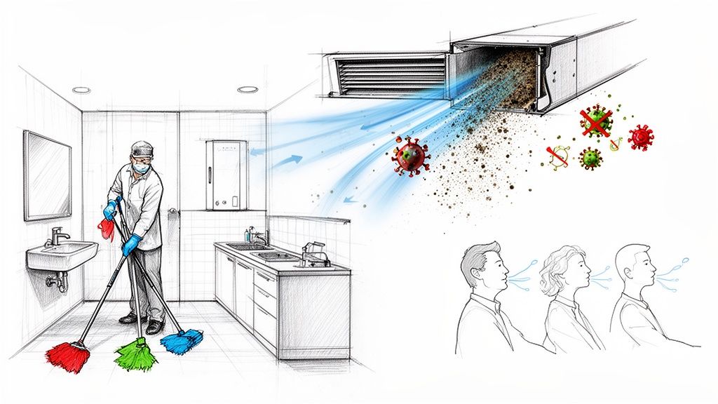 Illustration highlighting deep cleaning, dirty ventilation spreading viruses, and airborne transmission from people.