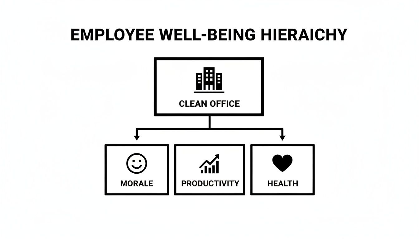 Hierarchy diagram showing a clean office leads to improved employee morale, productivity, and health.