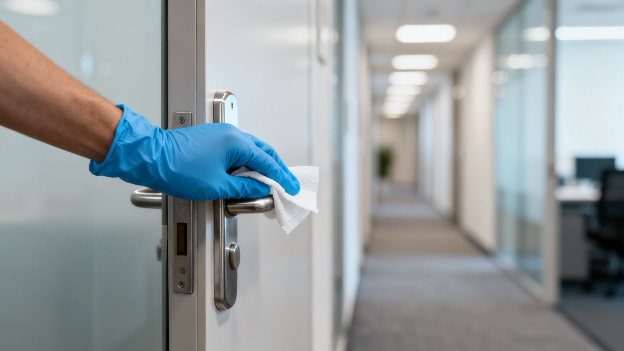 A gloved hand disinfects a door handle with a white cloth in an office hallway.