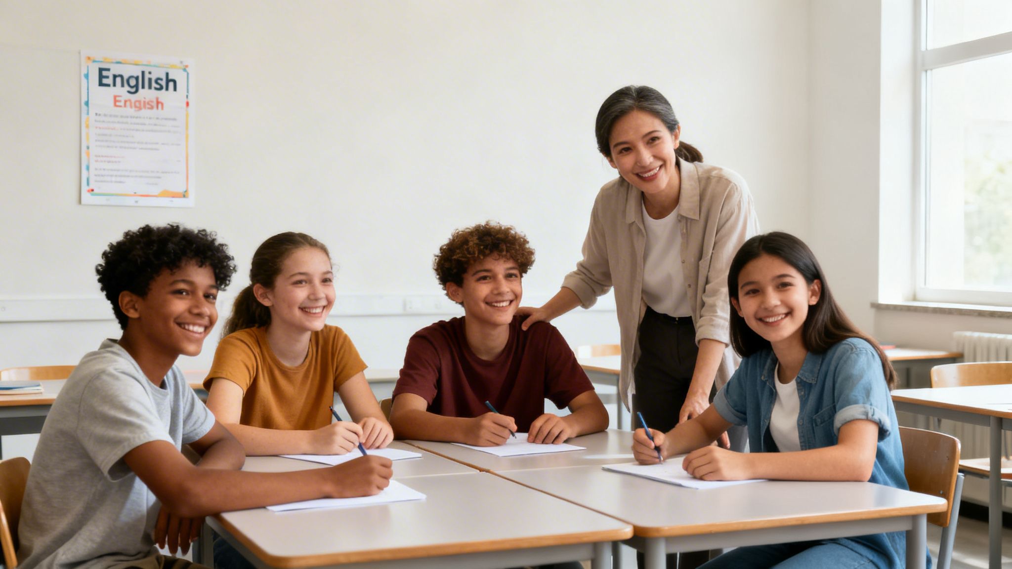 Smiling diverse students and their teacher in a bright classroom during an English lesson.