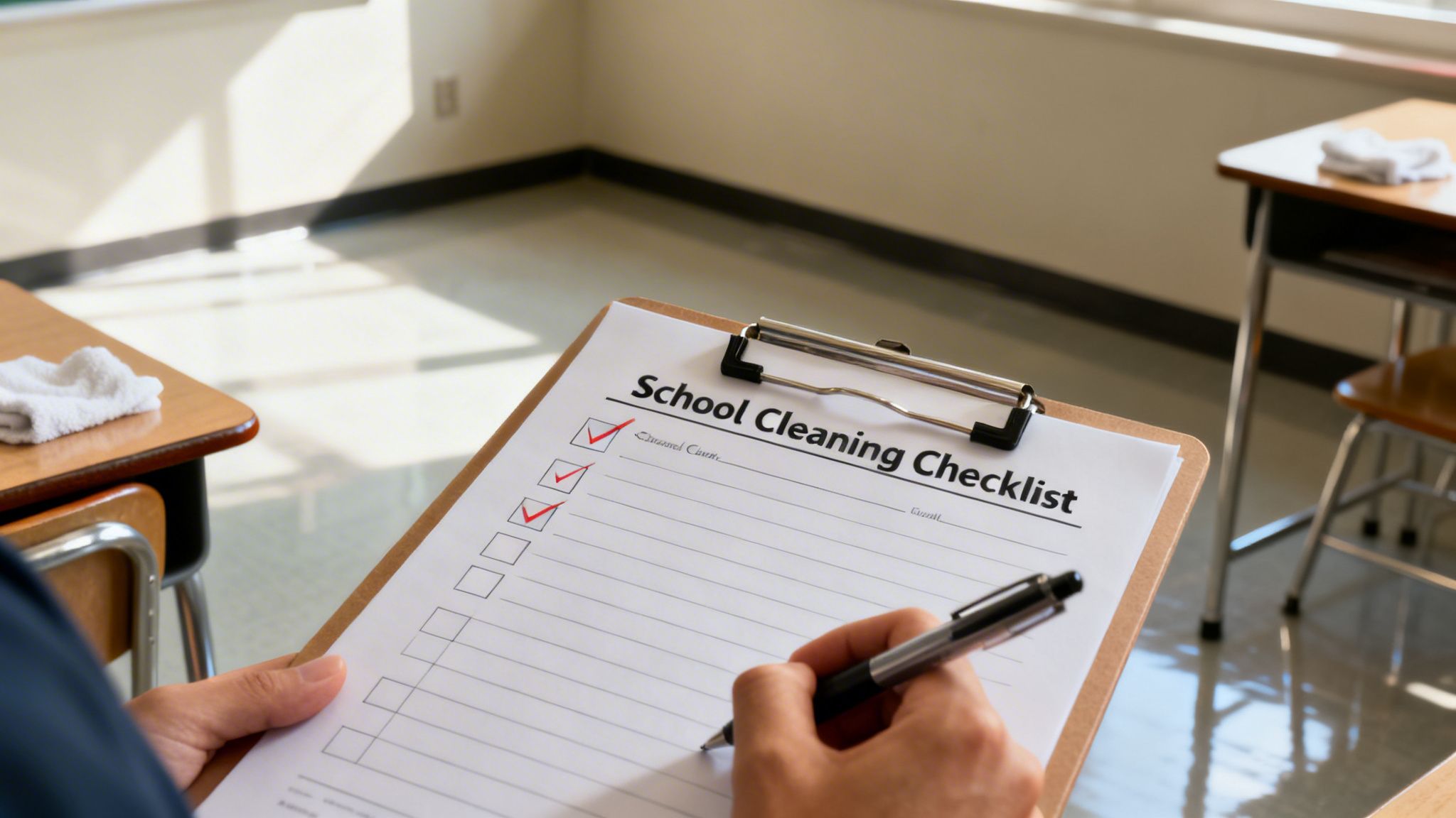 A person checks off items on a 'School Cleaning Checklist' in a classroom.