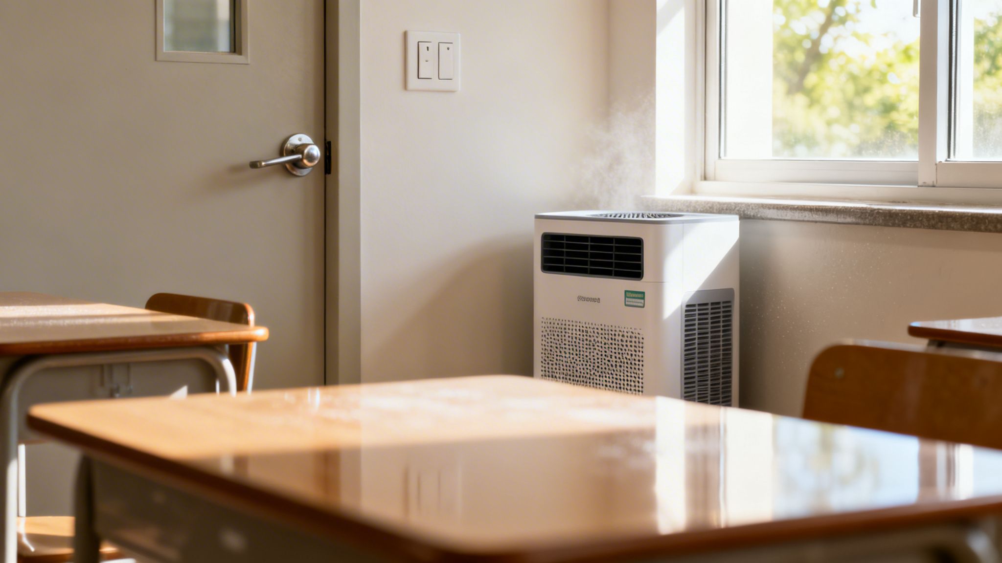 A bright classroom with wooden desks, a door, a window, and an air purifier emitting mist.