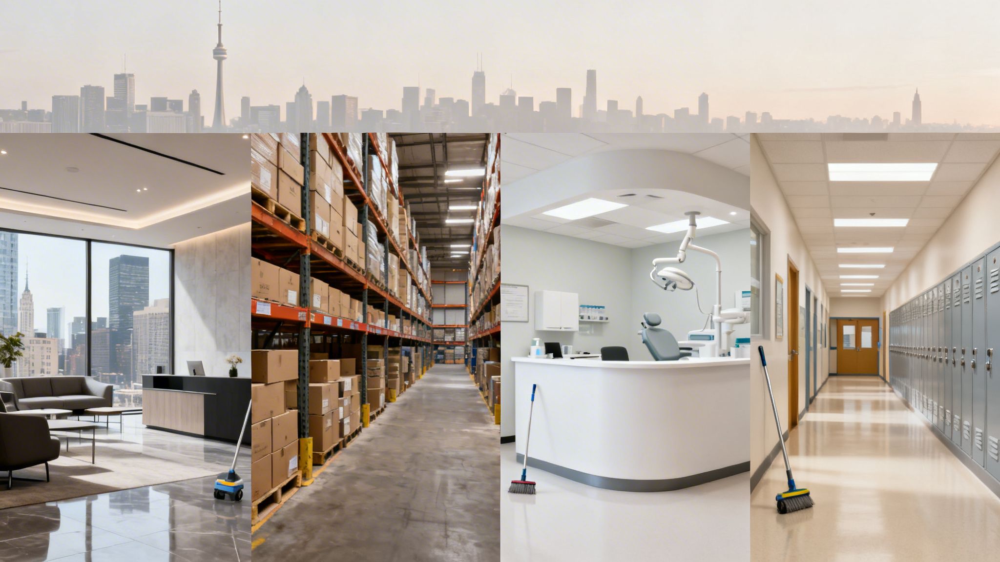 A collage of different commercial spaces: an office, warehouse, dental clinic, and school hallway, with the Toronto skyline above.