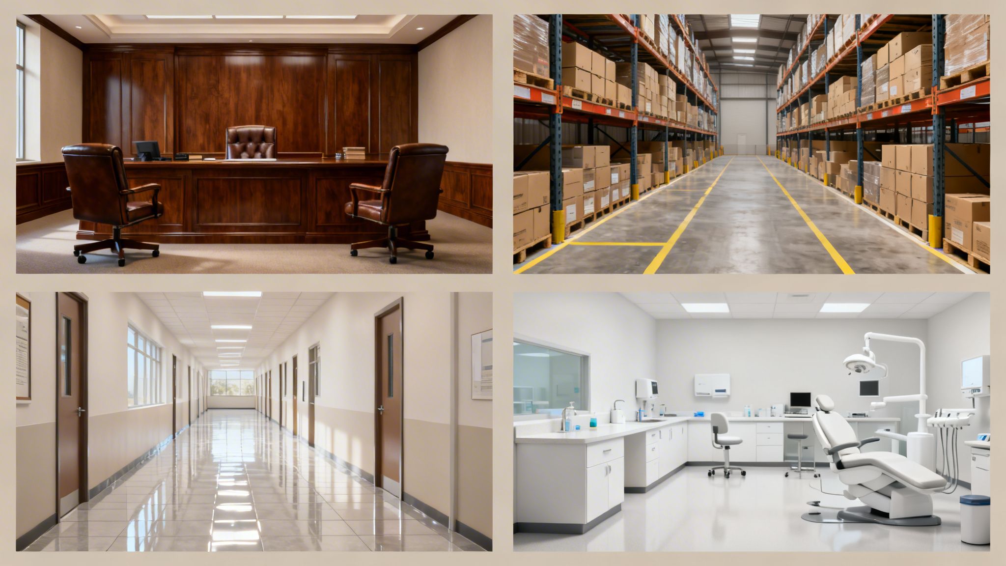 A four-panel collage showcasing a grand office, a bustling warehouse, a long hallway, and a modern dental clinic.