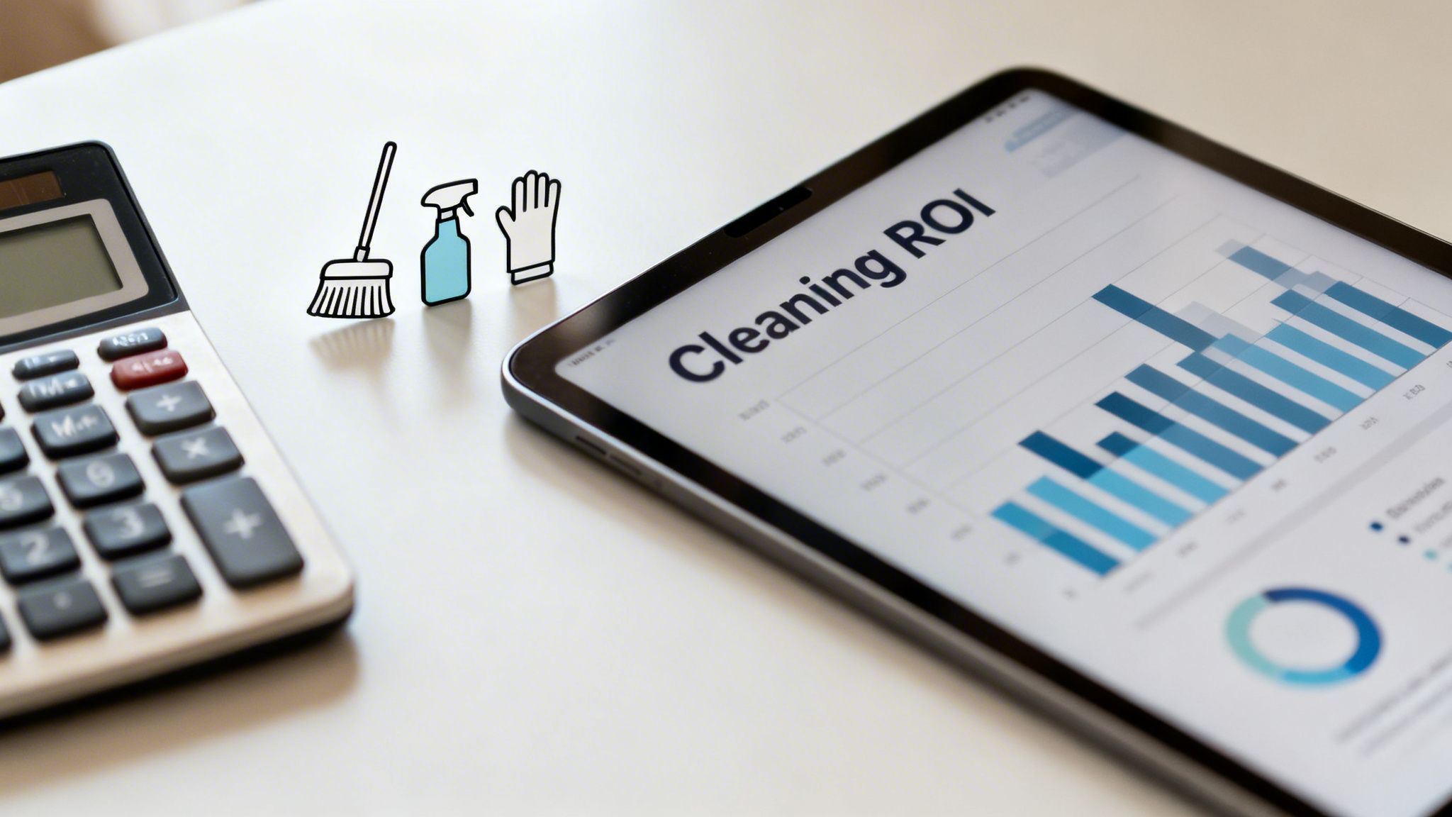 Tablet showing 'Cleaning ROI' chart, calculator, and cleaning tool icons on a table.