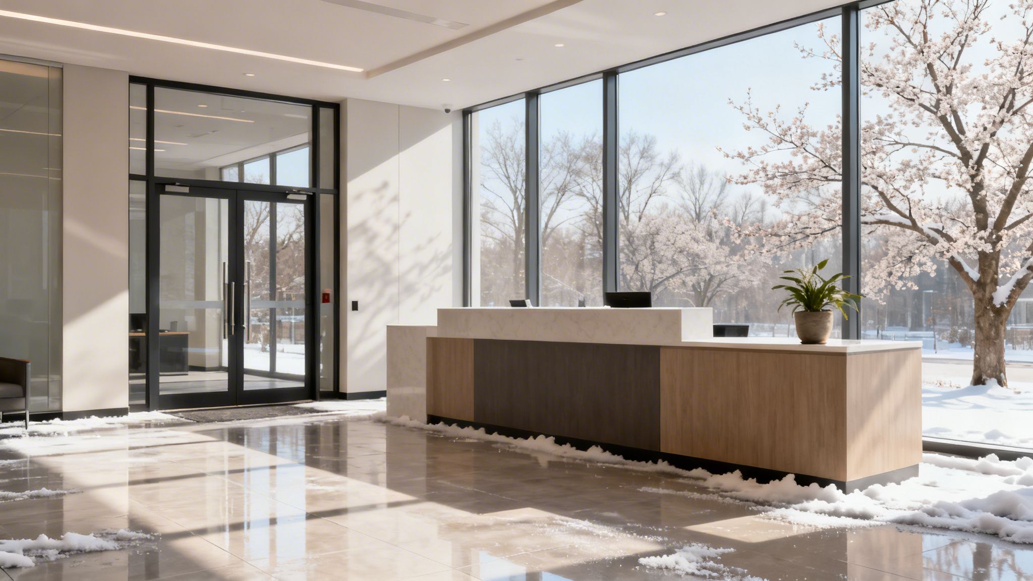 Modern office lobby with reception desk, large windows, and melting snow on the floor.
