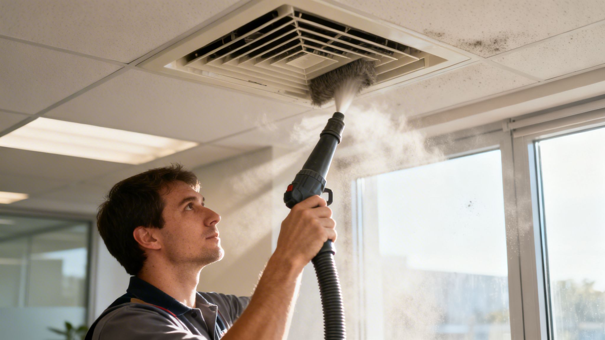 A man professionally cleans a dirty office ceiling air vent using a specialized tool, removing grime.