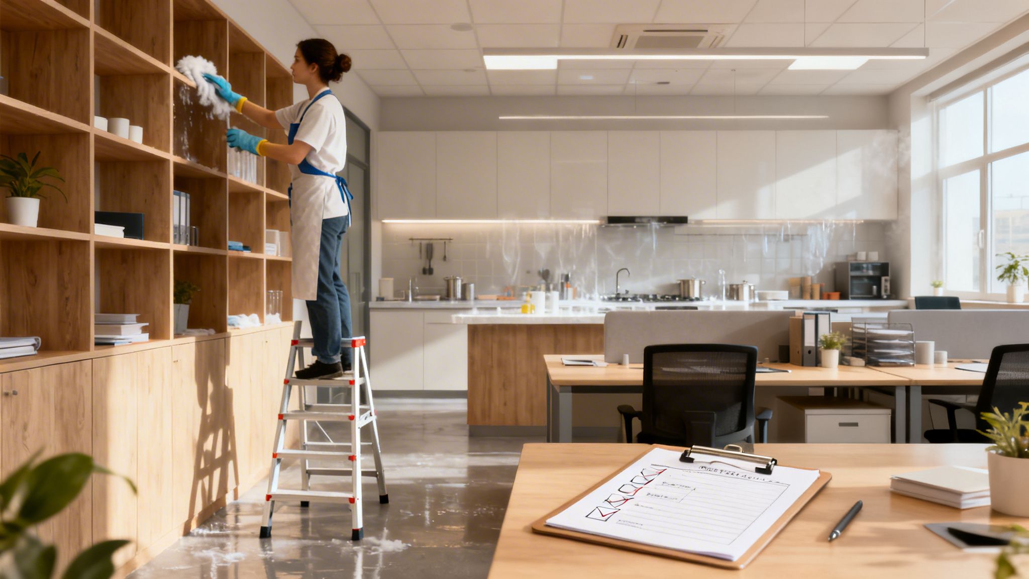 Professional cleaner on a ladder dusting wooden shelves in a modern, sunlit open-plan office.