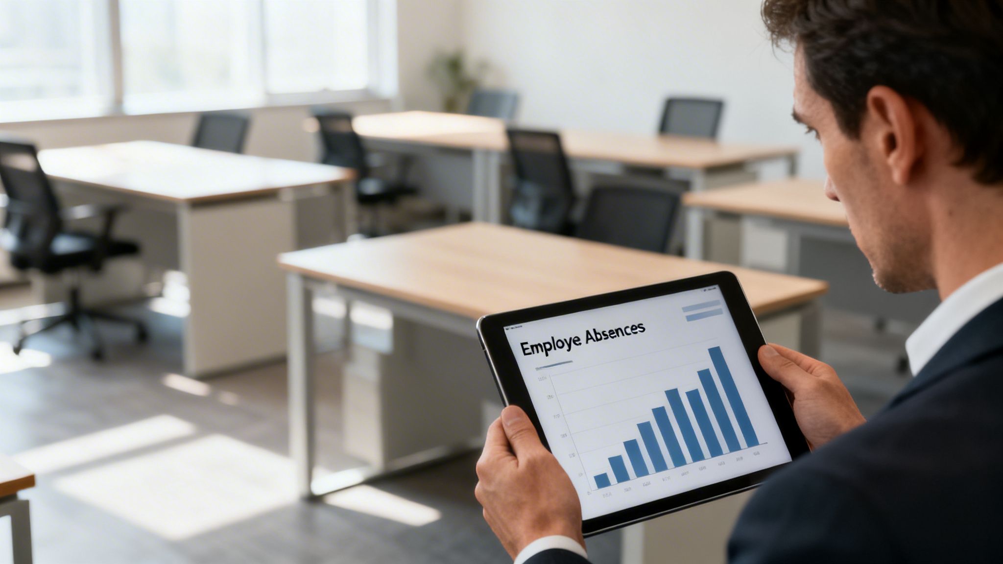Man reviews employee absence data on a tablet in an empty office space.