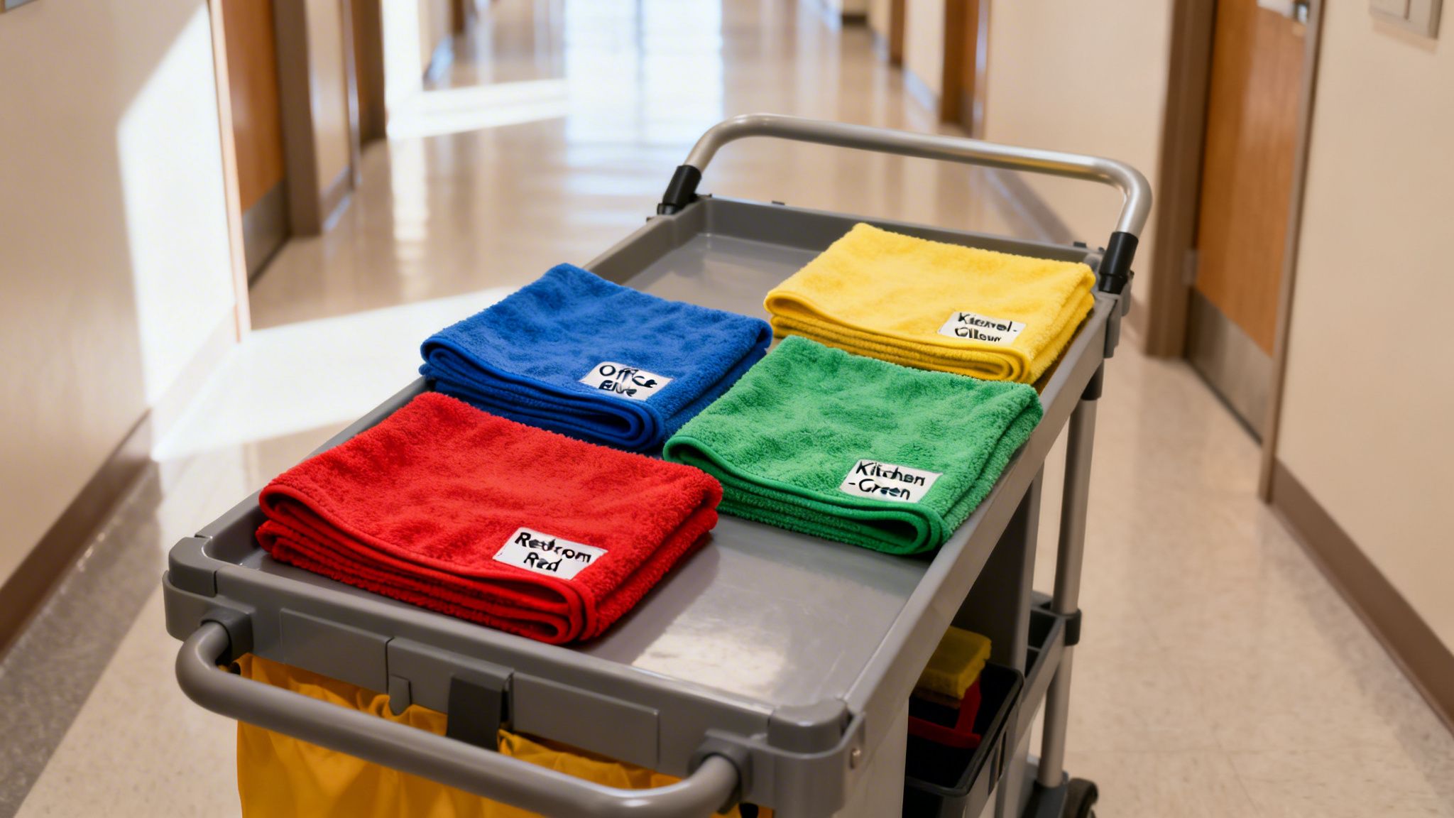 A cleaning cart with four color-coded microfiber towels for specific areas in a hallway.