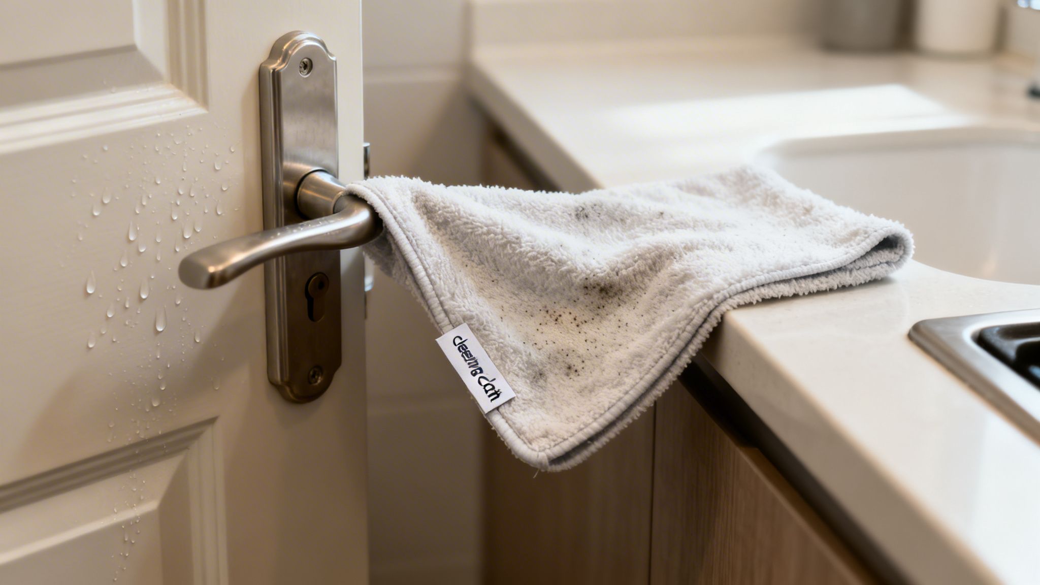 A dirty cleaning cloth hangs on a wet door handle next to a kitchen counter.