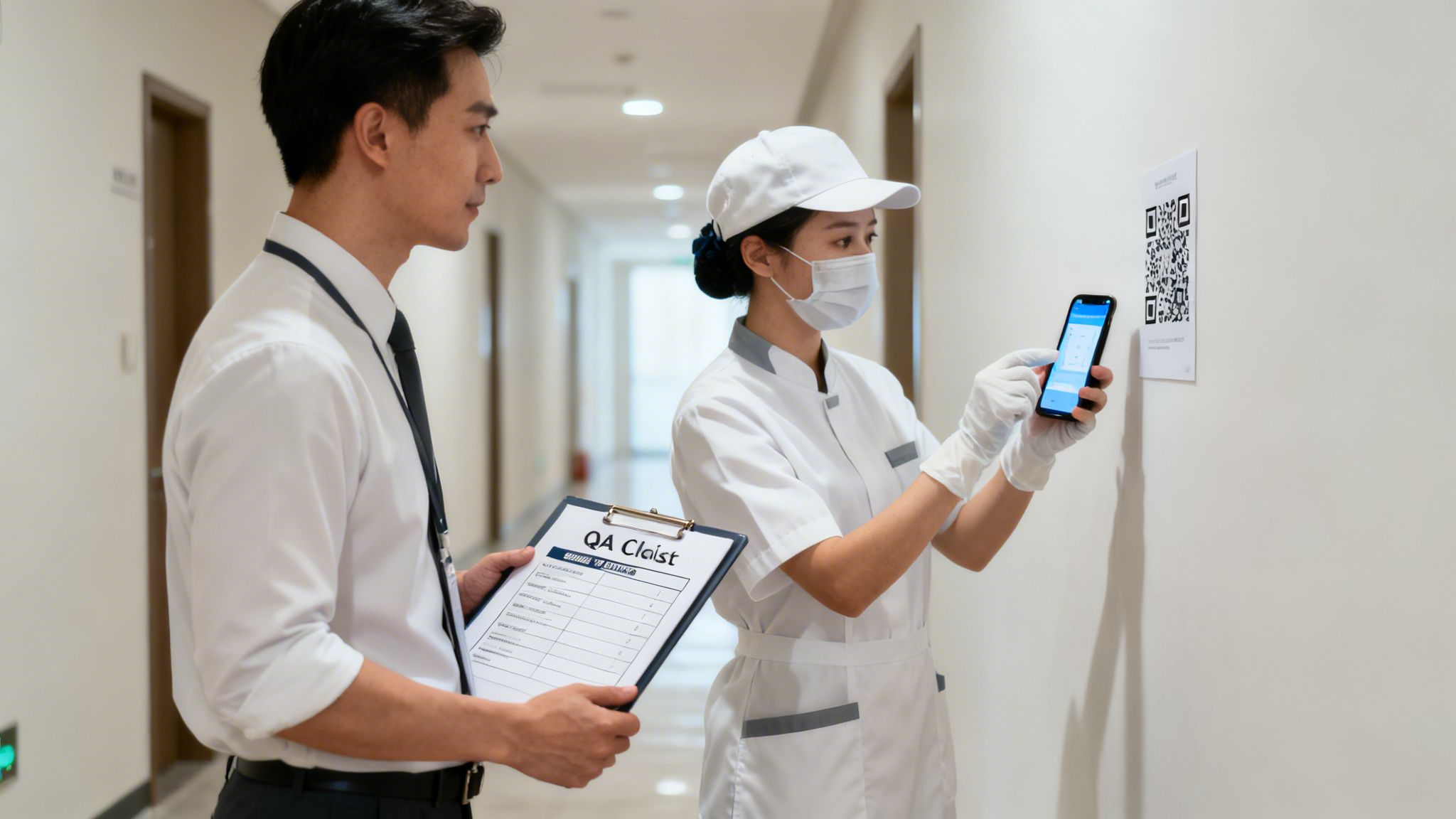 Cleaning supervisor watches as staff scans a QR code for quality assurance in a hotel hallway.