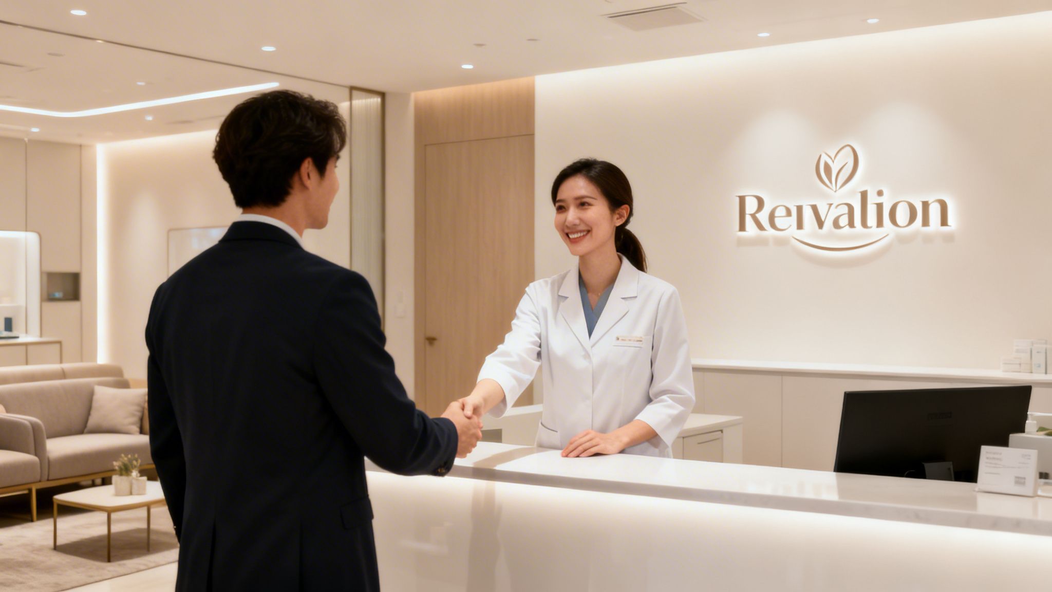 A man in a dark suit shakes hands with a smiling female medical professional at a modern clinic's reception desk.