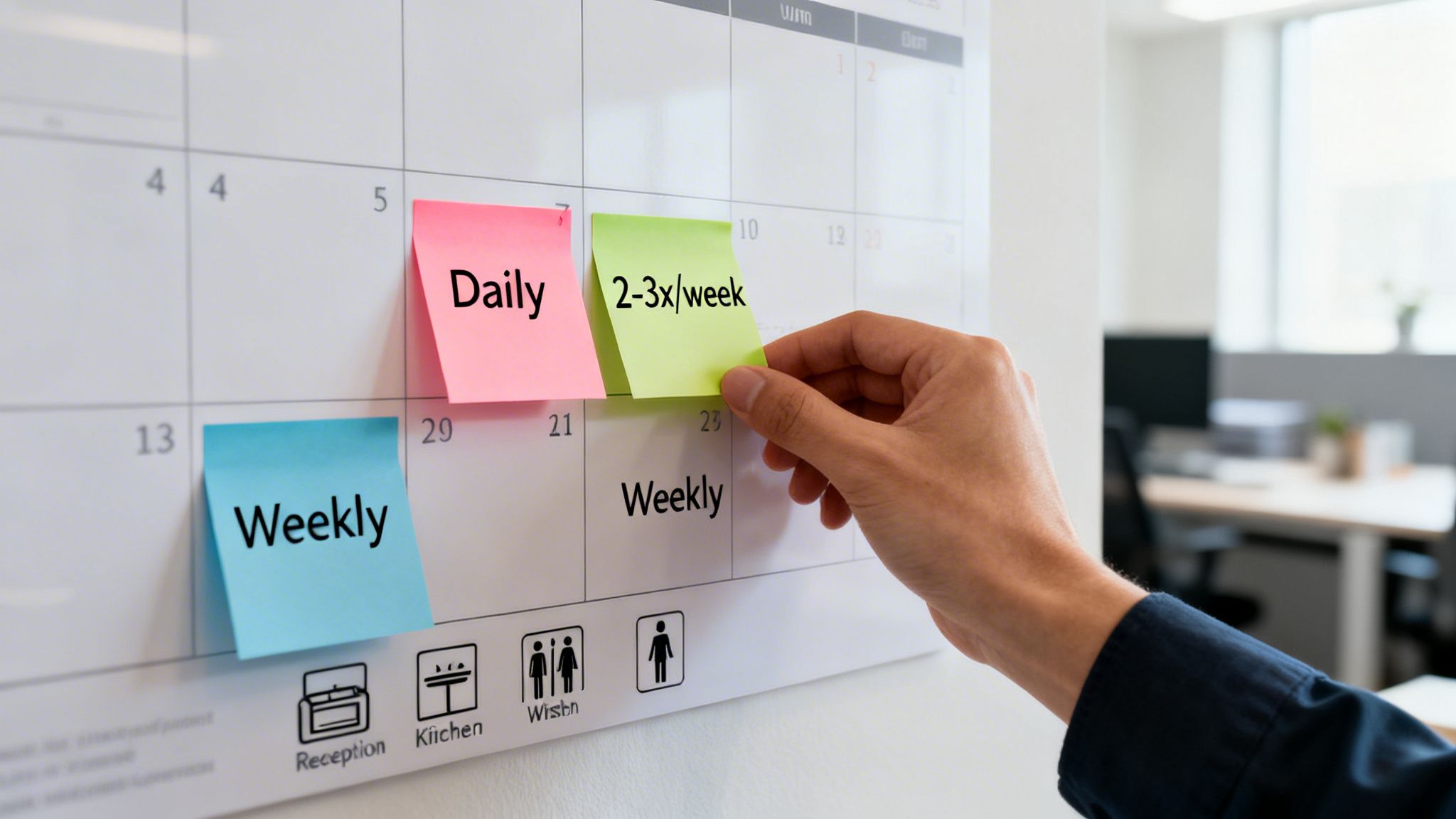 A hand adds a green sticky note to a calendar outlining a business's daily and weekly cleaning tasks.
