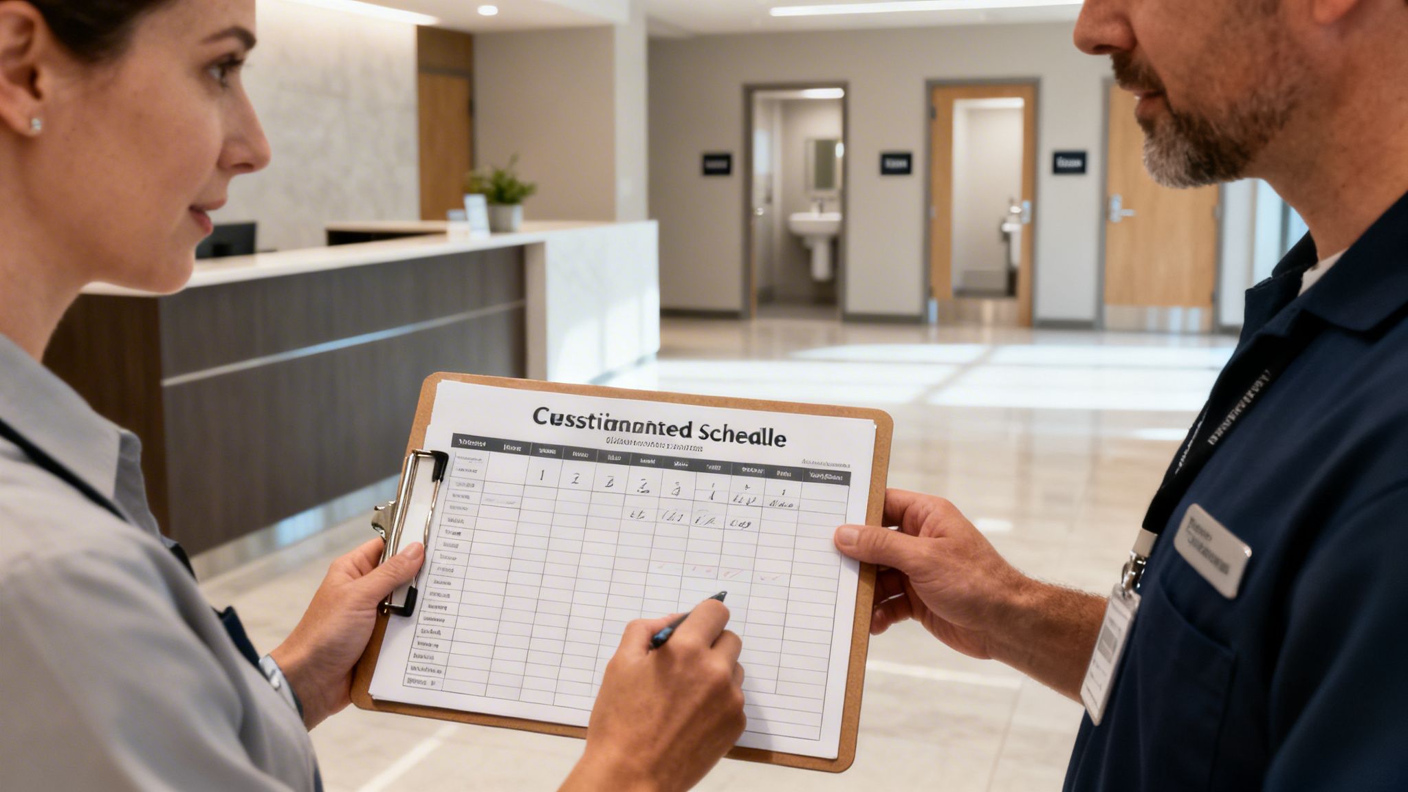 Two healthcare professionals review a customized cleaning schedule on a clipboard in a hospital setting.
