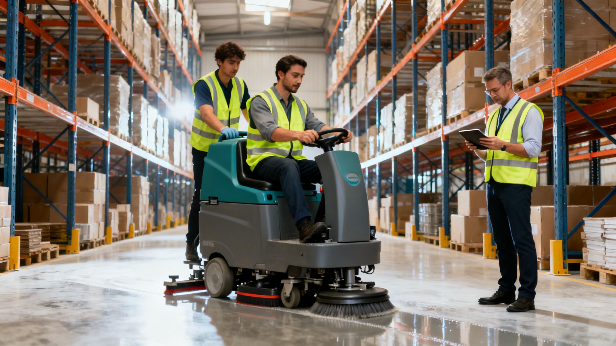 Three workers in safety vests are cleaning a large industrial warehouse floor with a ride-on scrubber.