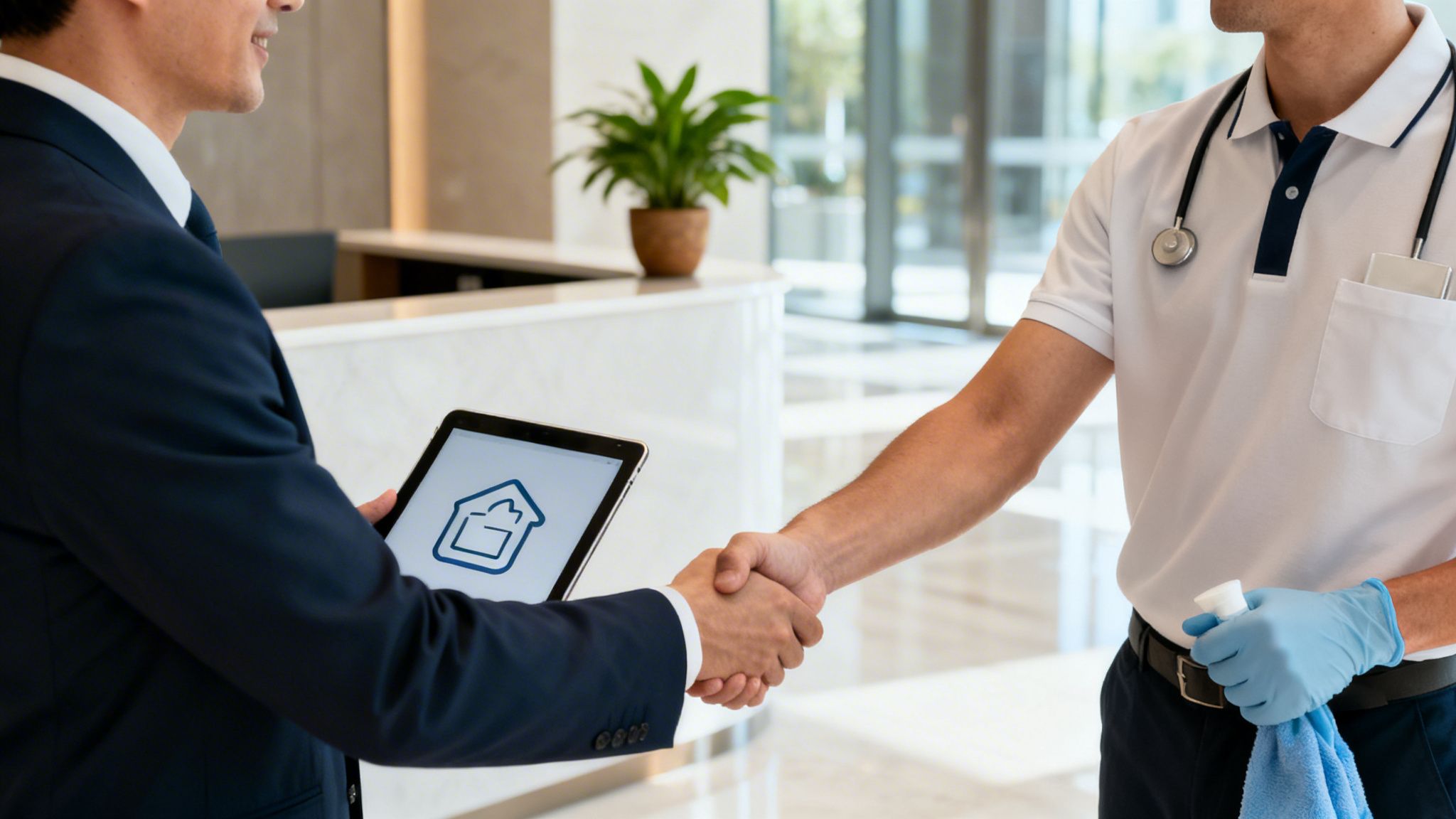 Businessman and cleaning professional shaking hands, discussing services on a tablet with a house icon.