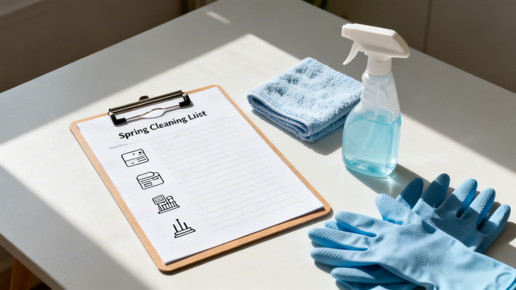 A spring cleaning list on a clipboard, with blue cleaning cloth, spray bottle, and rubber gloves.