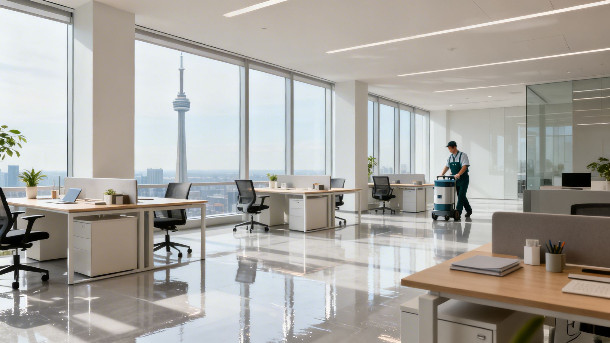 Professional cleaner maintaining a bright, modern office with city views of Toronto's CN Tower.