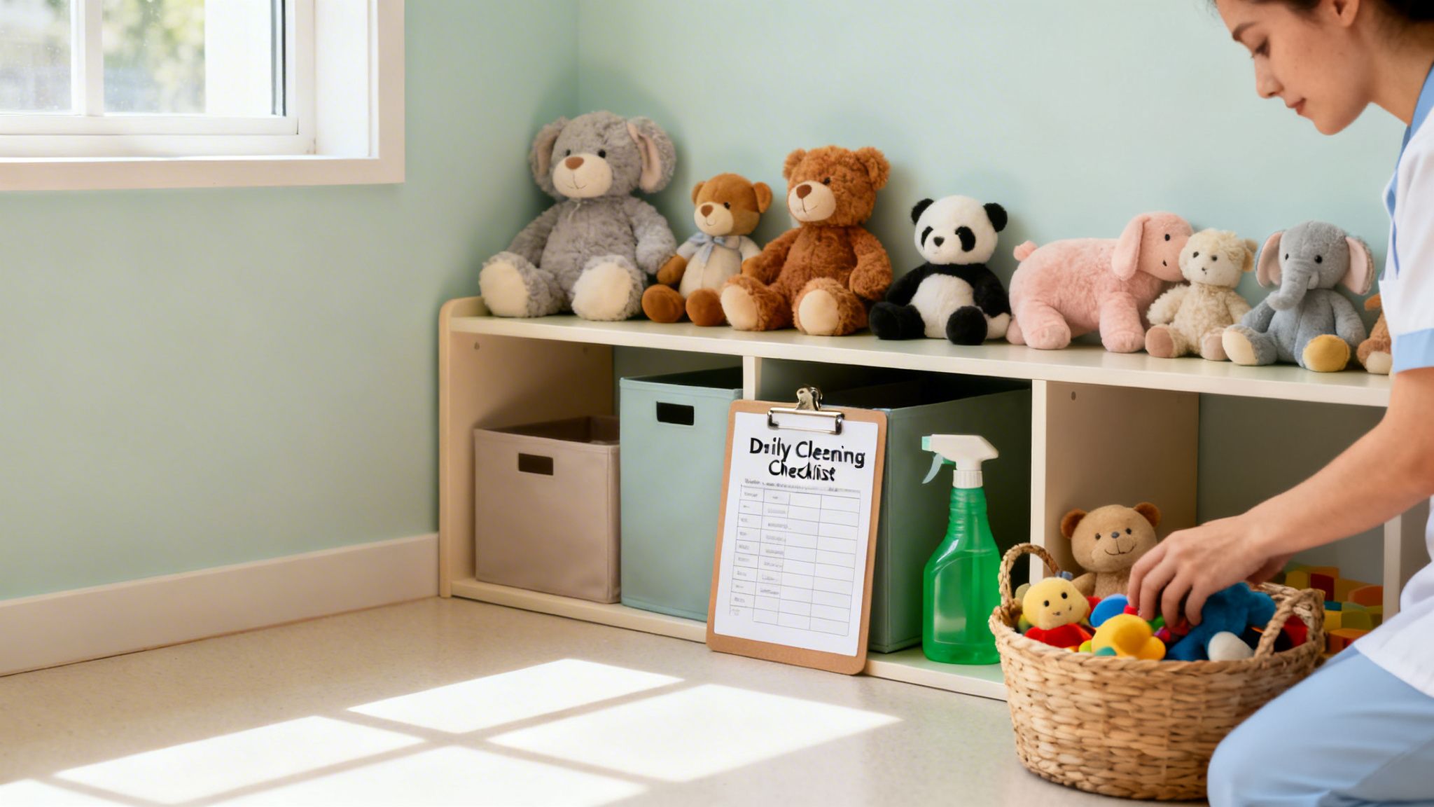 A person organizing stuffed toys and cleaning a daycare room, with a cleaning checklist visible.