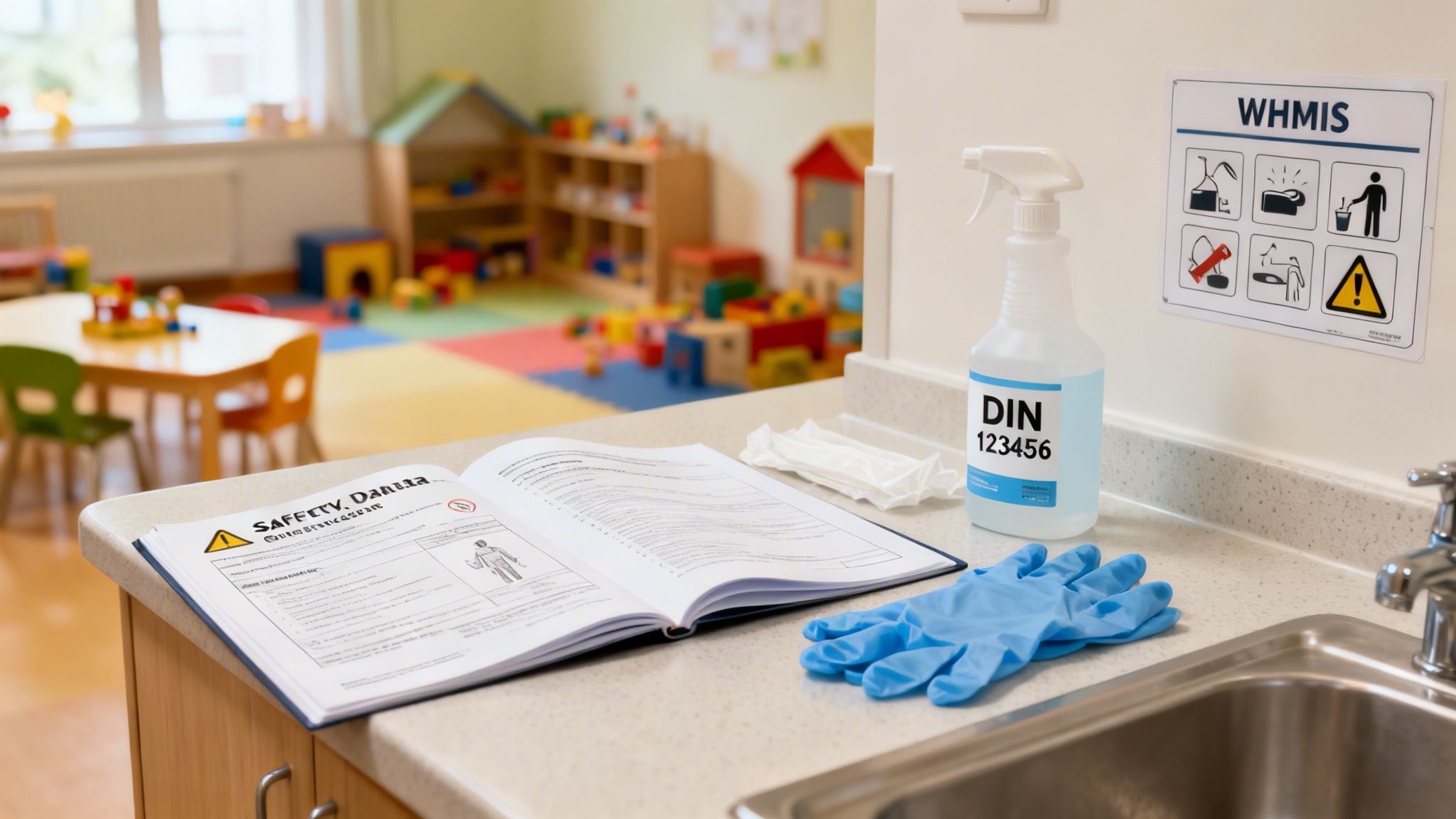 Safety manual, cleaning supplies, and WHMIS sign on a counter in a daycare classroom.