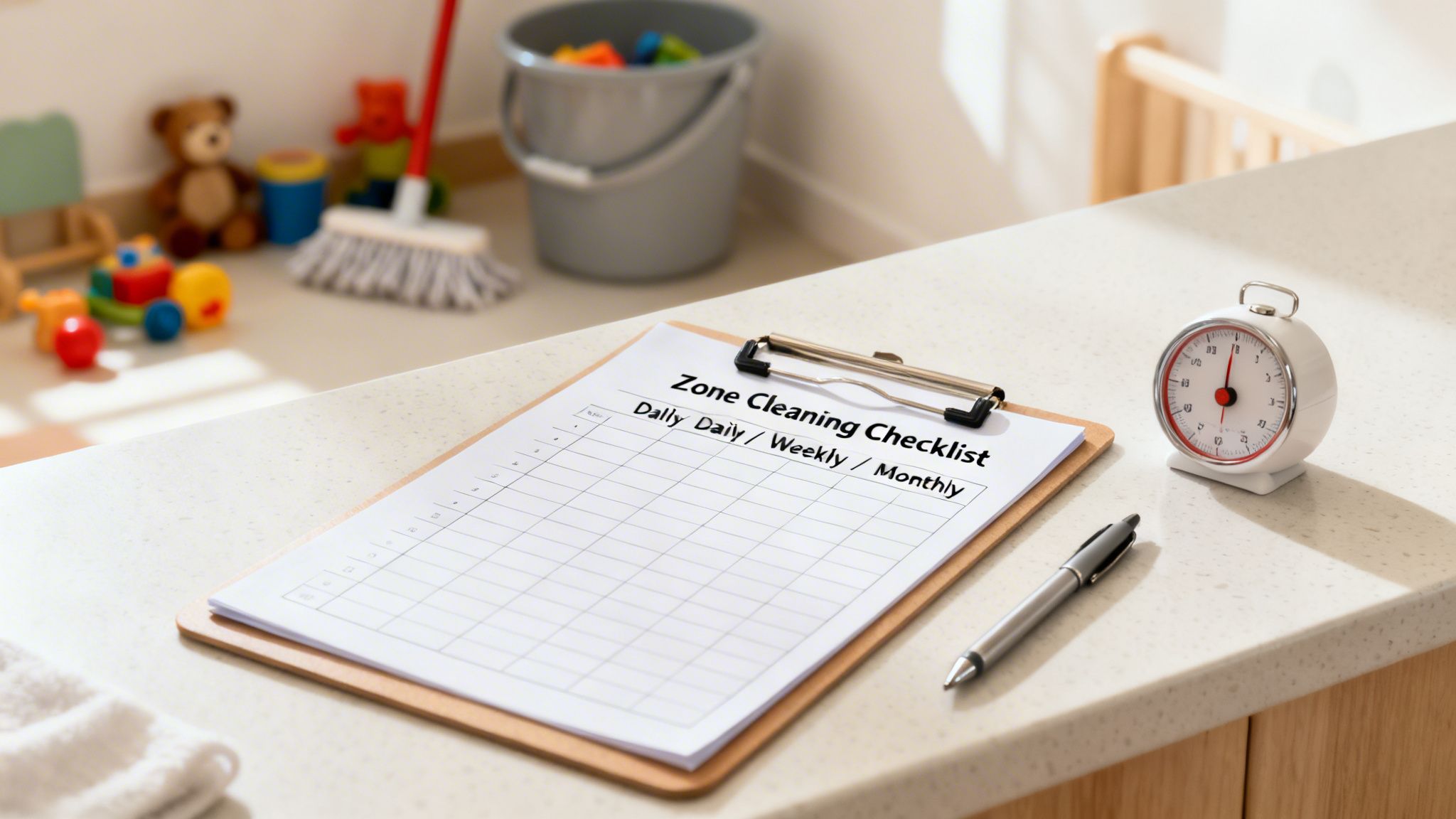 A 'Zone Cleaning Checklist' on a clipboard, with a pen and clock, on a counter in a daycare setting.