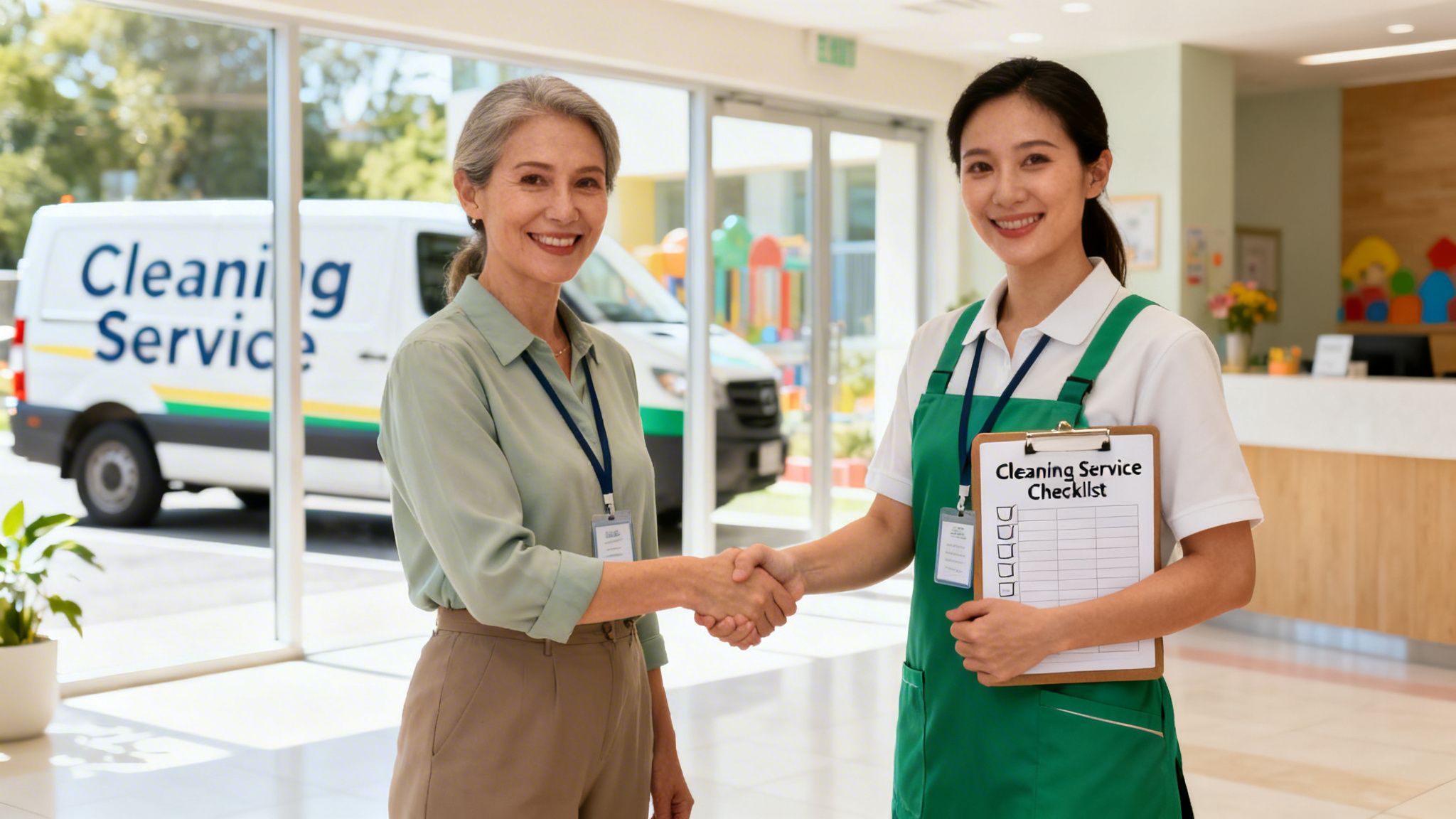 Two women, a cleaning service worker and a client, shake hands, with a cleaning van outside.