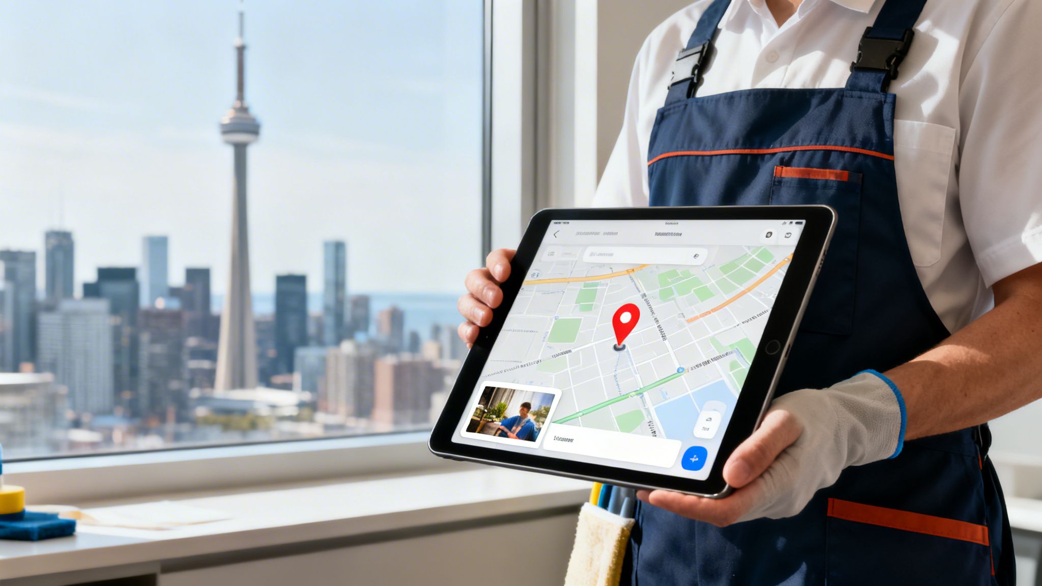 A professional in work overalls holds a tablet displaying a map and a service photo, with the Toronto skyline in the background.