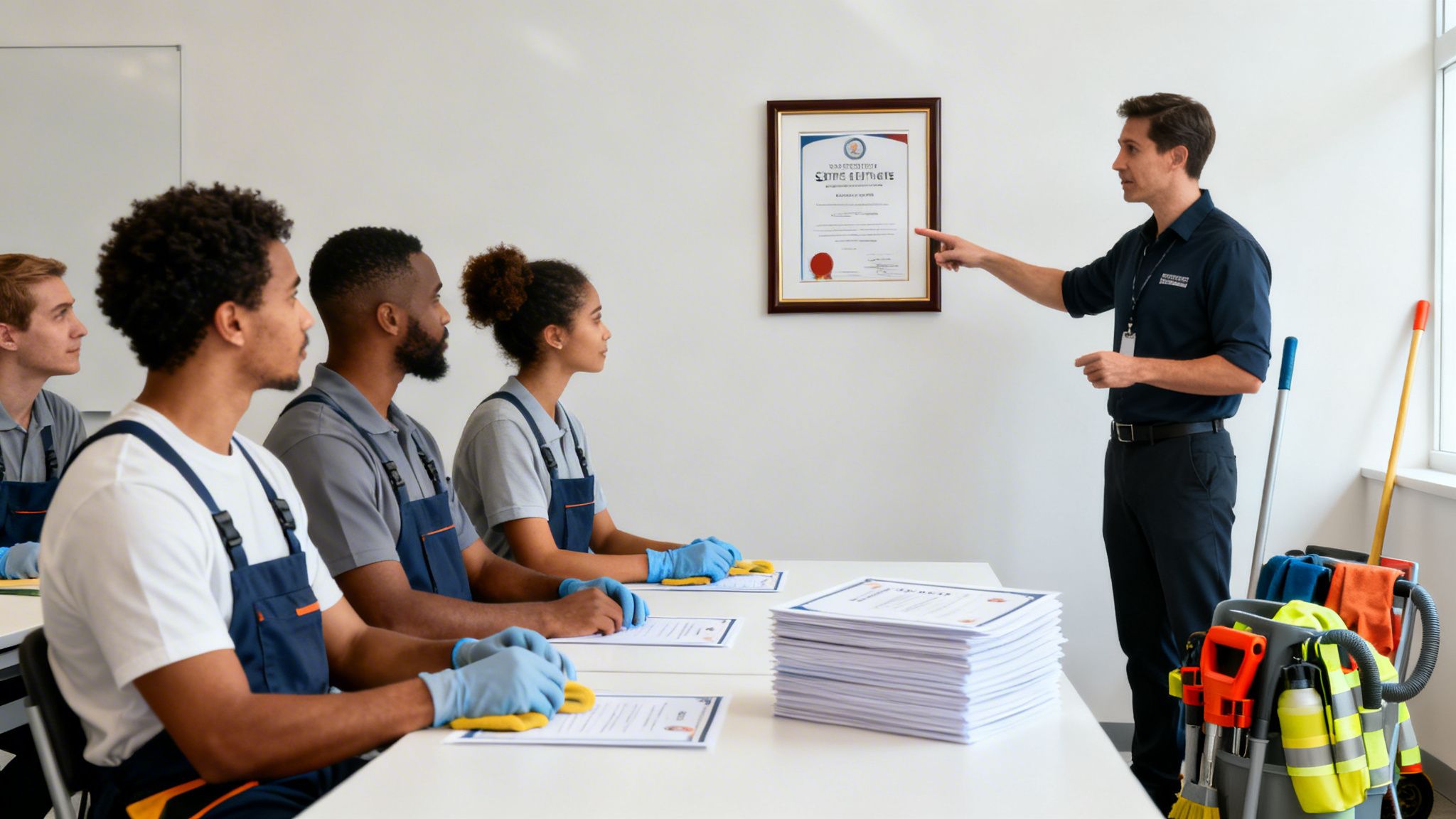 Diverse cleaning crew members receive training from an instructor pointing at a certificate.