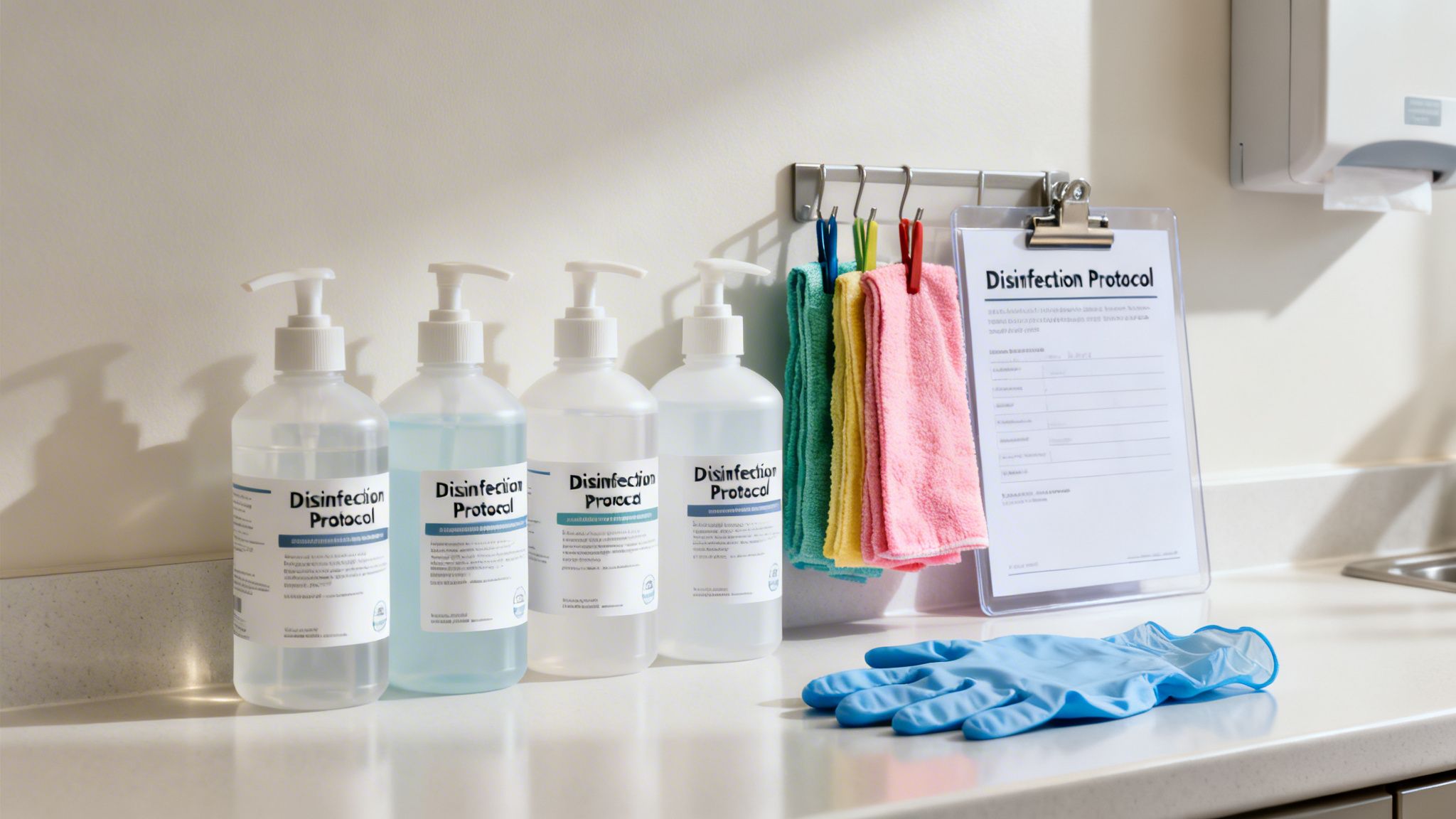 Cleaning station with disinfectant bottles, towels, protocol, gloves, and a paper towel dispenser.
